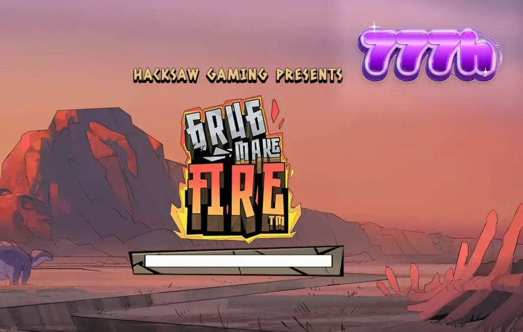 Homem das cavernas Grug em um cenário pré-histórico flamejante no slot Grug Make Fire