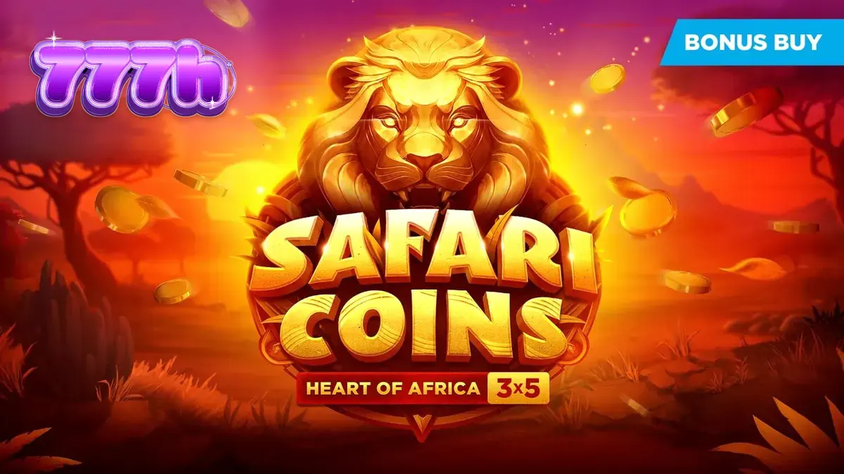 Safari theme slot game with golden coins and African savanna background
